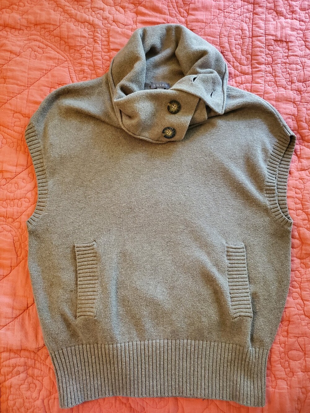 Lilla P Light Brown Sleeveless Turtleneck Sweater with Button Detail